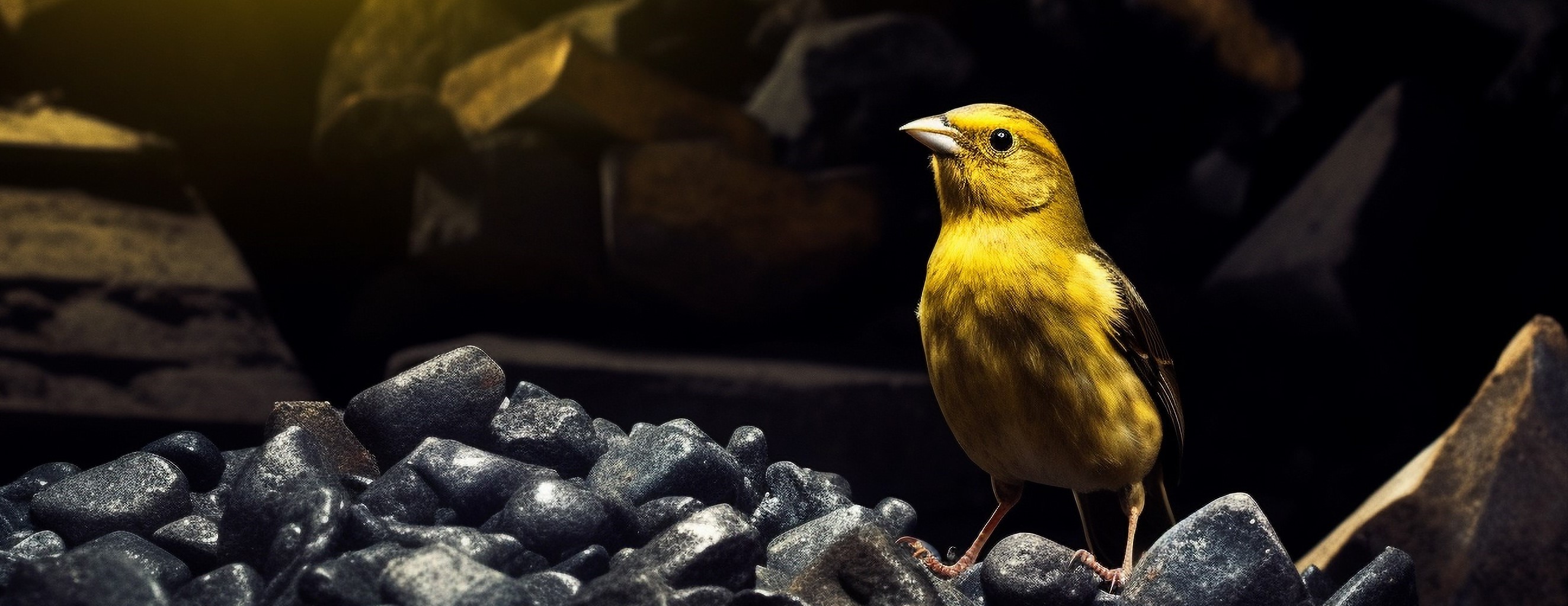 Adobe AI-generated stock image showing a canary perched amongst some lumps of coal set against a background suggesting a coal mine